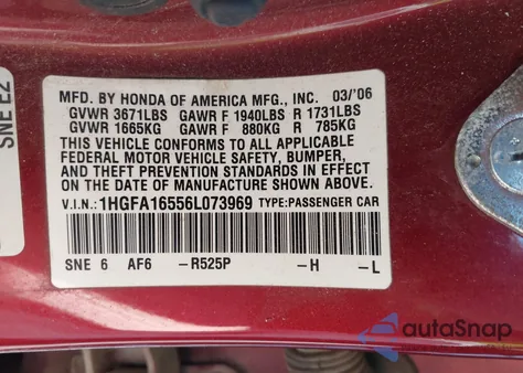 2006 Honda Civic Lx из США, поврежденный, VIN 1HGFA16556L073969